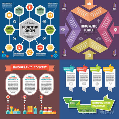 業務圖表模板概念向量說明。抽象橫幅集。廣告促銷版面的集合供演示。工業工廠。折紙。圖形設計元素
